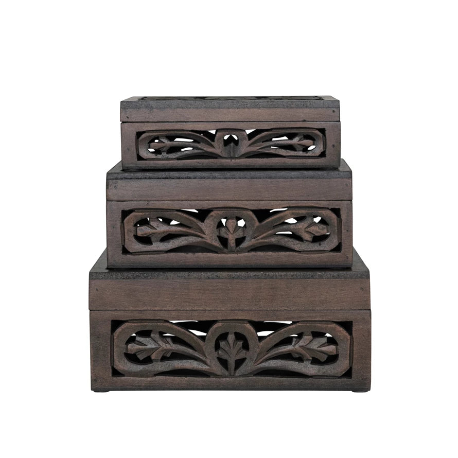 Carved Mang Wood accent shops Pattern Nesting Box, Set of 3