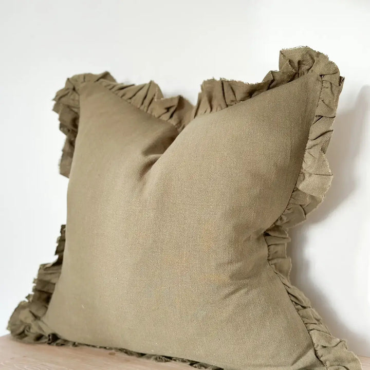 Ruffled Linen Olive Pillow