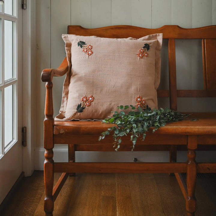 Rose Ada Clare Pillow - Hand Embroidered Wool Flowers