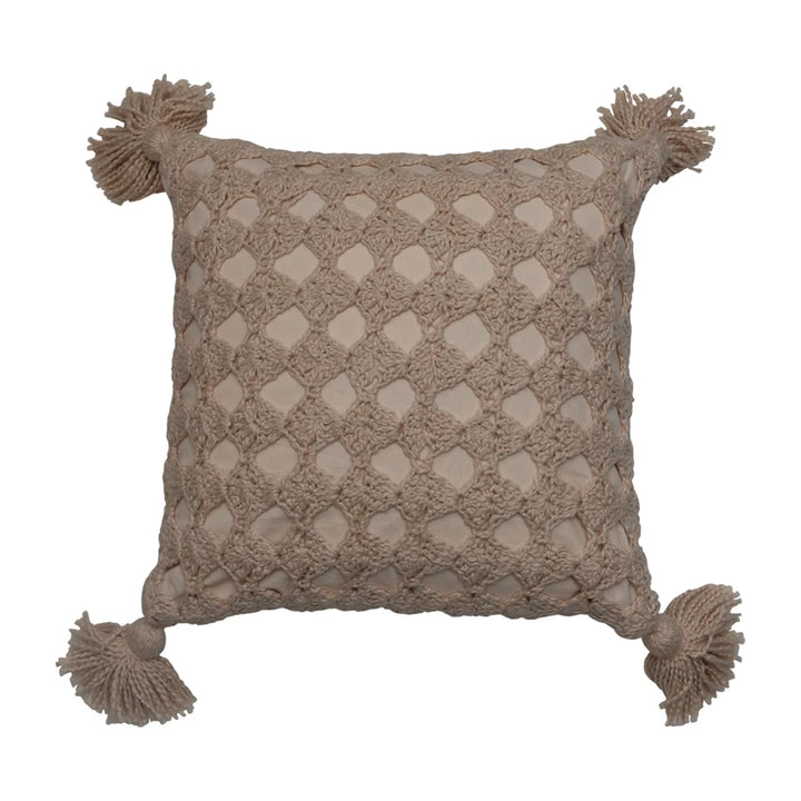 18" Cotton Crocheted Pillow w/ Tassels, Polyester Fill