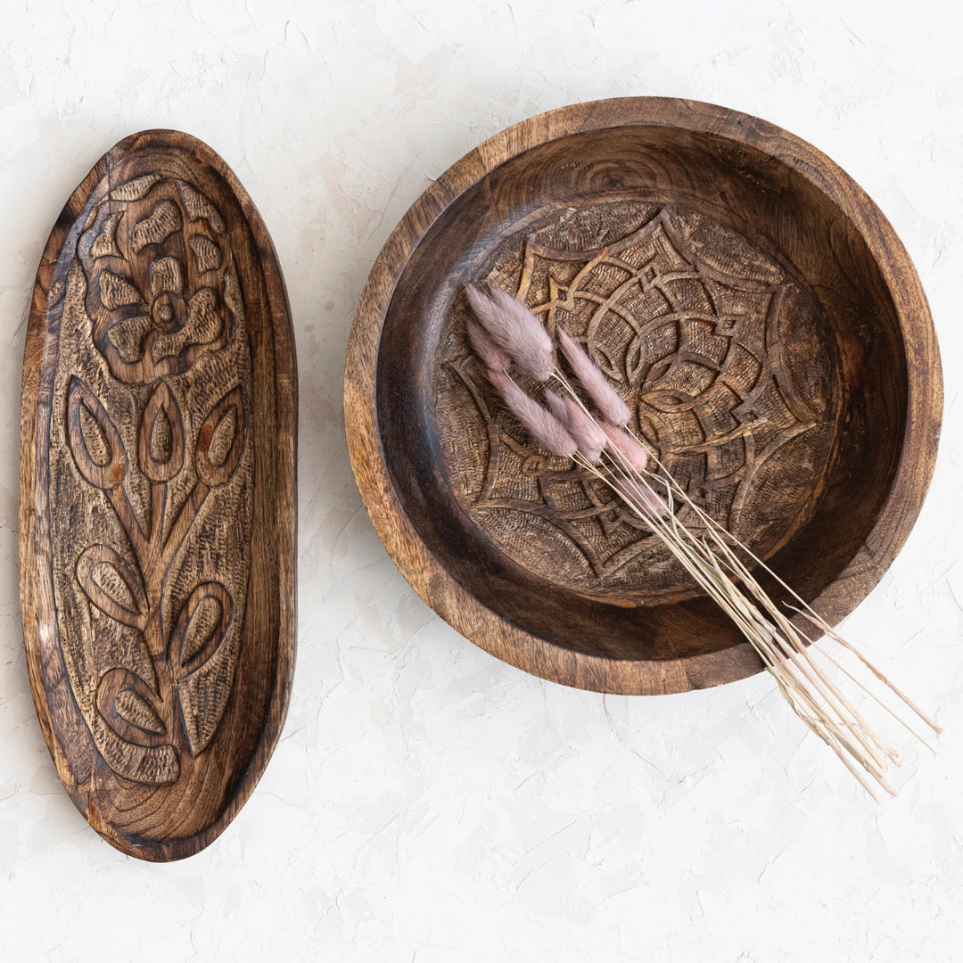 Mango Wood Bowl w/ Design, Burnt Finish