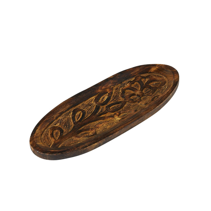 Decorative Hand-Carved Mango Wood Tray w/ Flower, Burnt Finish