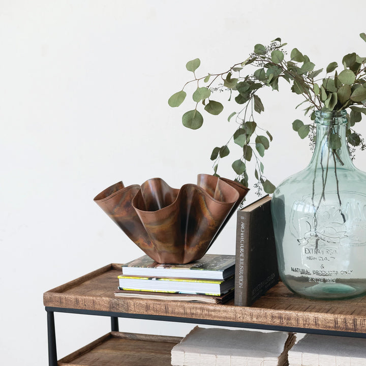 Decorative Metal Ruffled Bowl, Oxidized Copper Finish