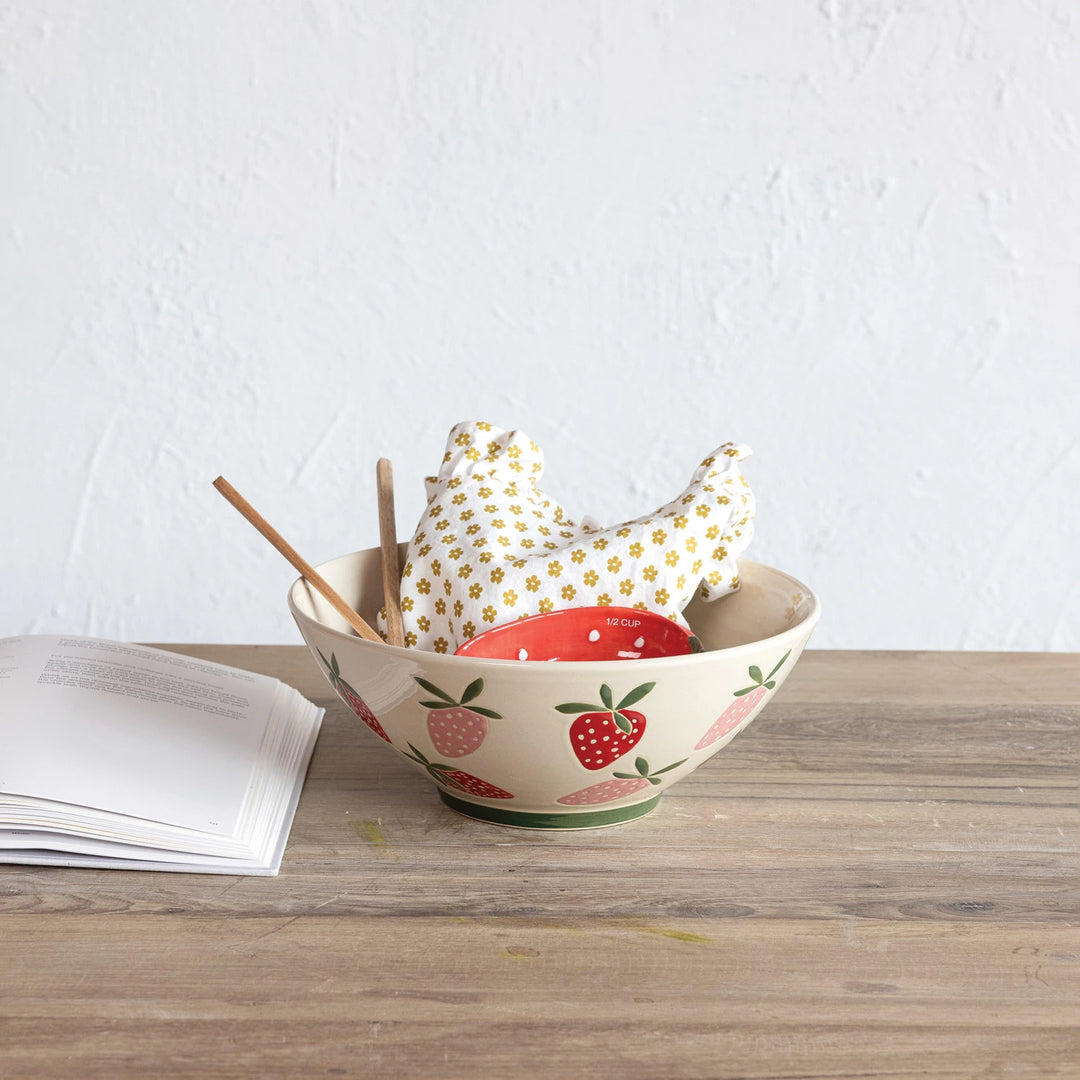 Hand-Painted Stoneware Bowl w/ Wax Relief Strawberries