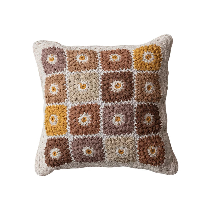 18" Square Cotton Crocheted Granny Square Pillow w/ Block Pattern