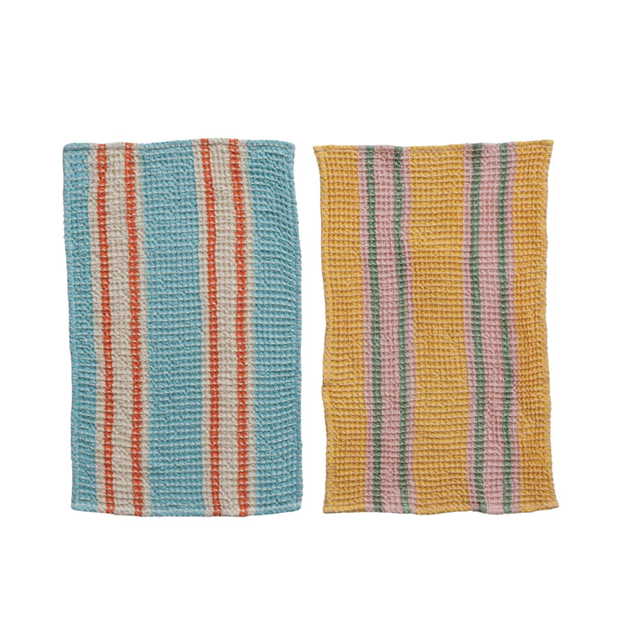 Woven Cotton Waffle Weave Tea Towel w/ Stripes, 2 Styles