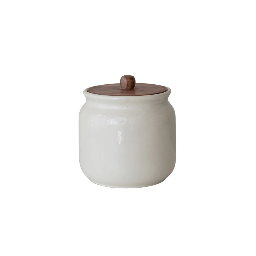 Stoneware Canister with Acacia Wood Lid, Ivory Color & Natural