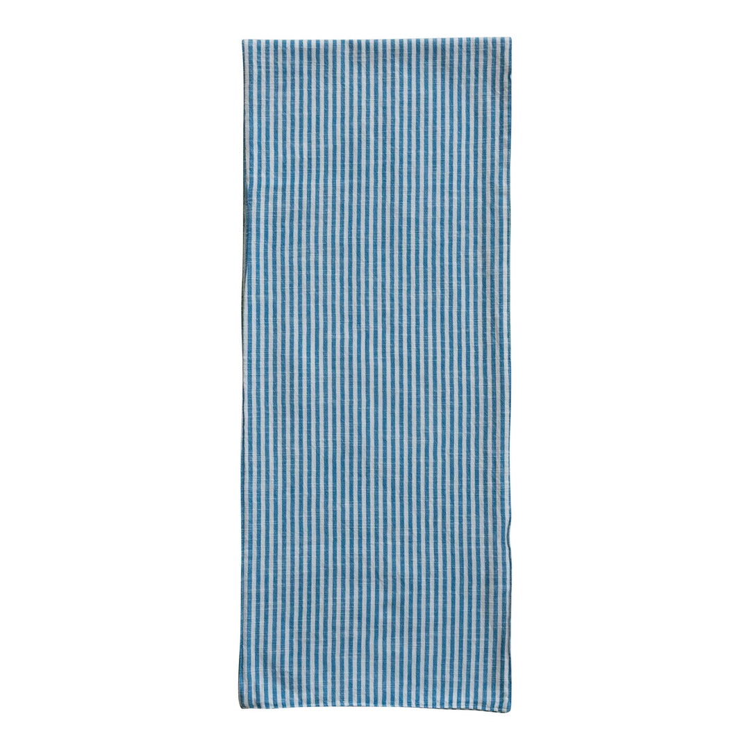 Woven Cotton Two-Sided Striped Table Runner, Blue, Green & Natural