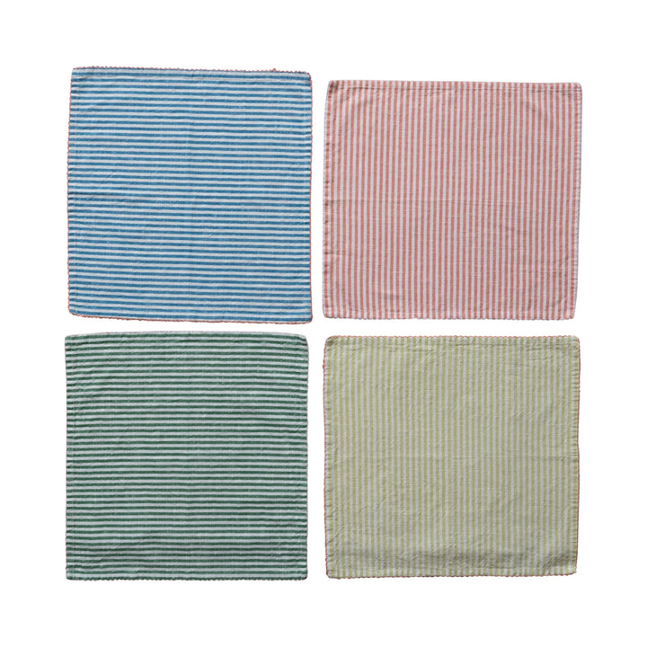 Woven Cotton Striped Napkins with Stitched Colored Trim, Set of 4