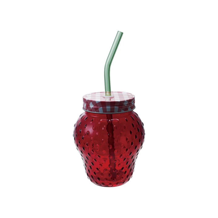 16 oz. Strawberry Shaped Glass with Lid & Glass Straw