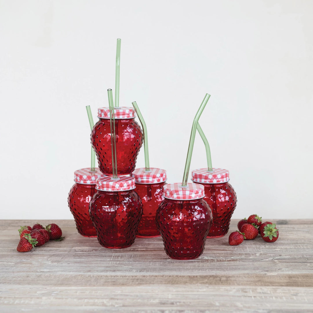 16 oz. Strawberry Shaped Glass with Lid & Glass Straw