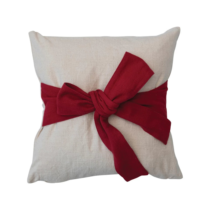 Hand-Woven Cotton Slub Pillow w/ Bow, Cream Color & Red