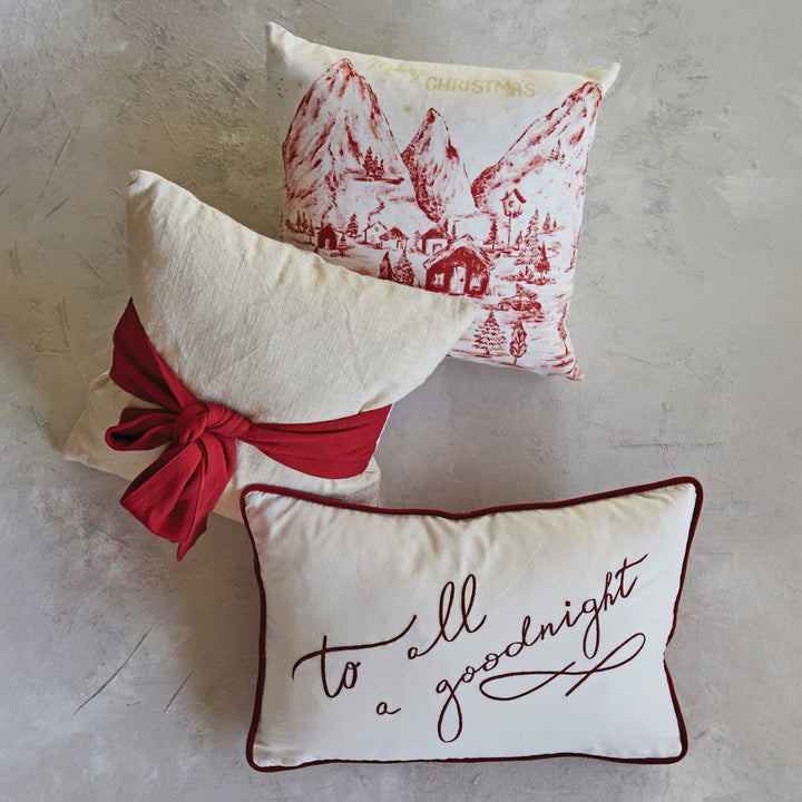 Hand-Woven Cotton Slub Pillow w/ Bow, Cream Color & Red