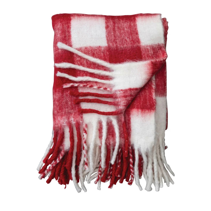 Woven Acrylic Throw w/ Fringe, Red & White Plaid