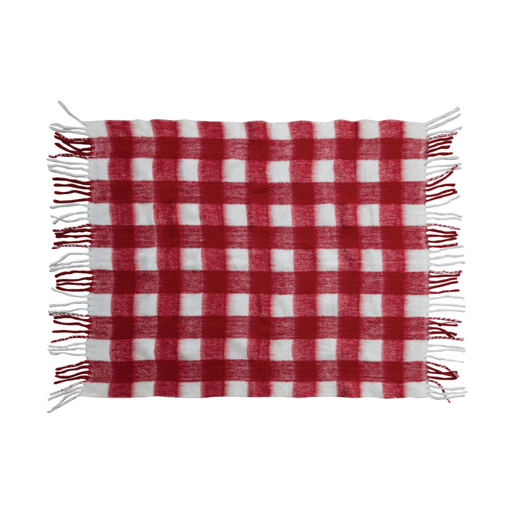 Woven Acrylic Throw w/ Fringe, Red & White Plaid