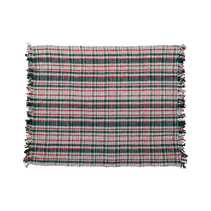 Woven Cotton Blend Throw w/ Fringe, Cream Color, Green & Red Plaid