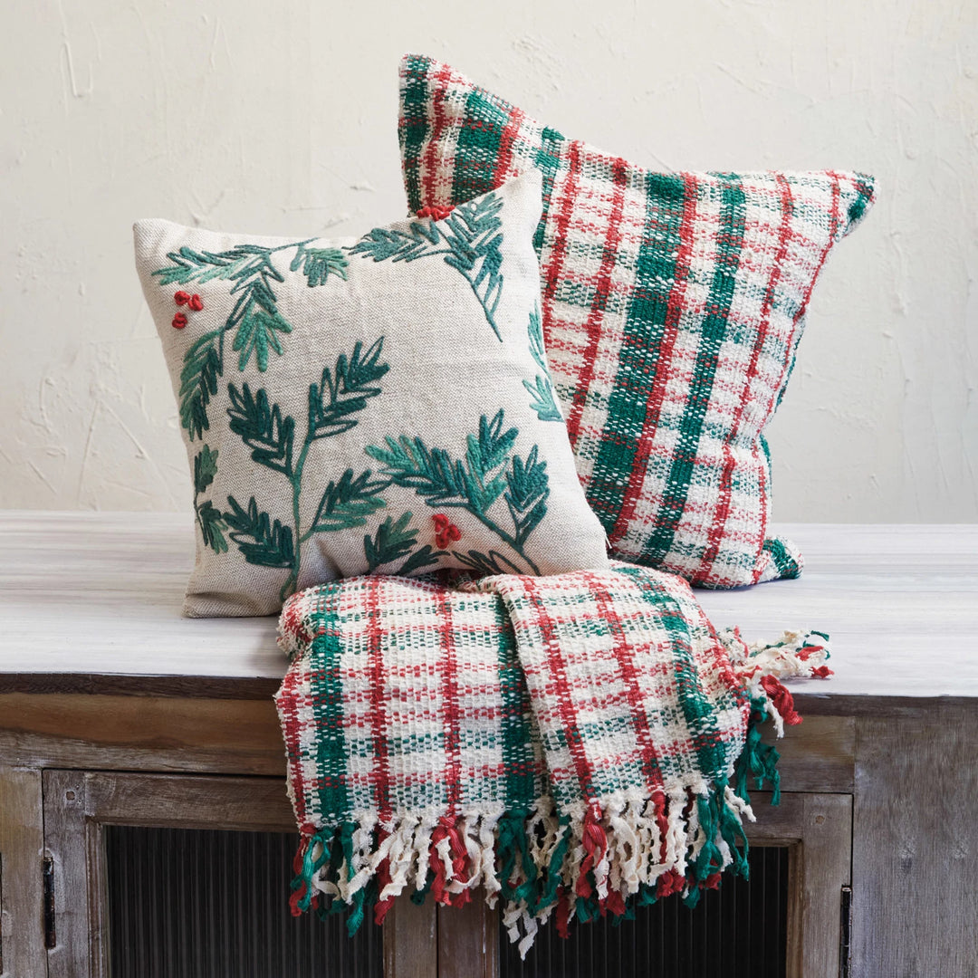 Woven Cotton Blend Throw w/ Fringe, Cream Color, Green & Red Plaid