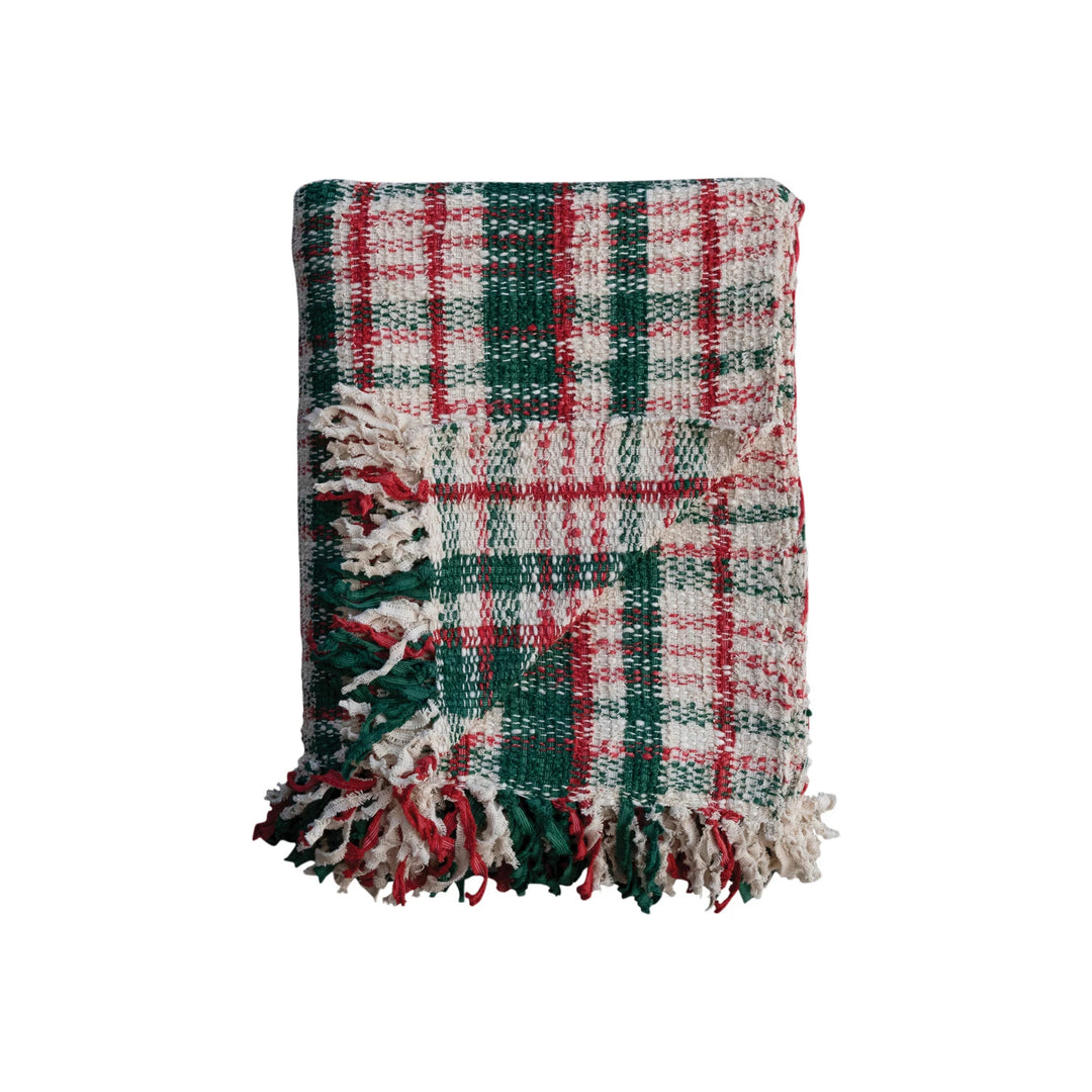 Woven Cotton Blend Throw w/ Fringe, Cream Color, Green & Red Plaid