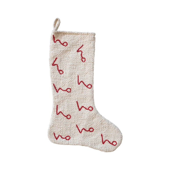 Woven Cotton Stocking w/ Embroidered "Ho Ho Ho" Pattern, Natural & Red