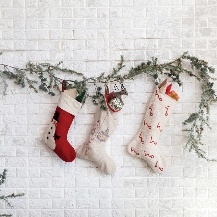 Woven Cotton Stocking w/ Embroidered "Ho Ho Ho" Pattern, Natural & Red