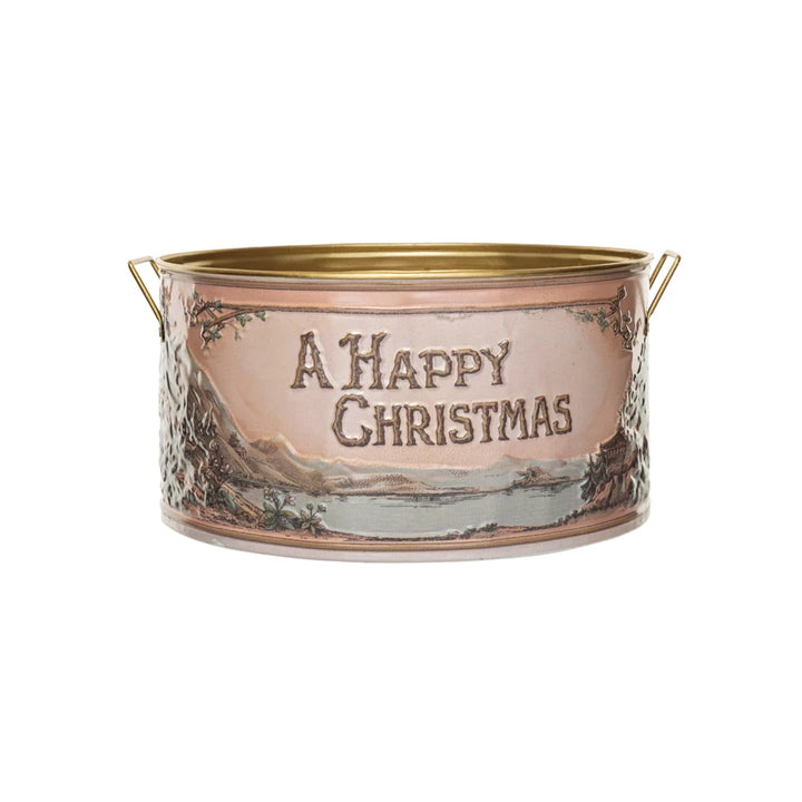 Embossed Metal Bucket w/ Handles "A Happy Christmas"