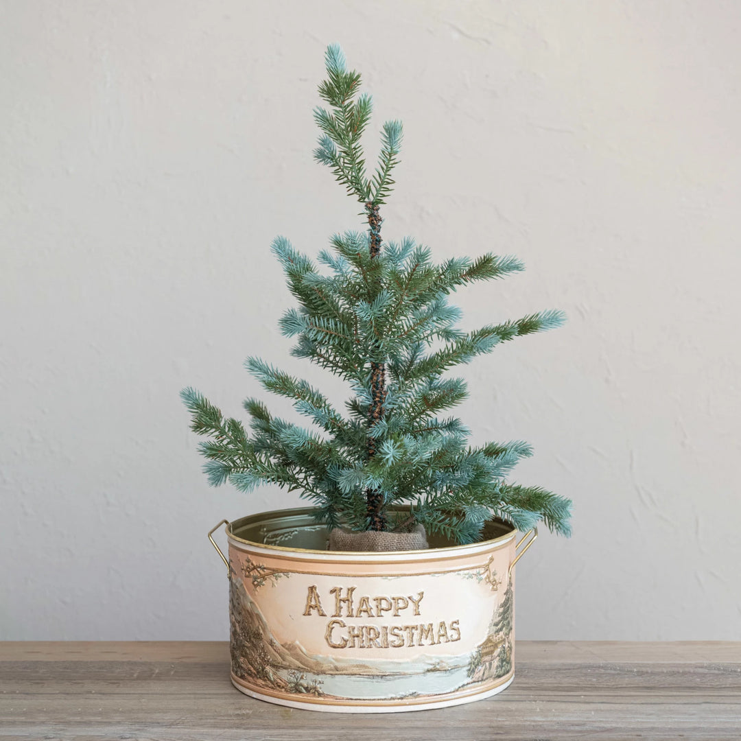 Embossed Metal Bucket w/ Handles "A Happy Christmas"