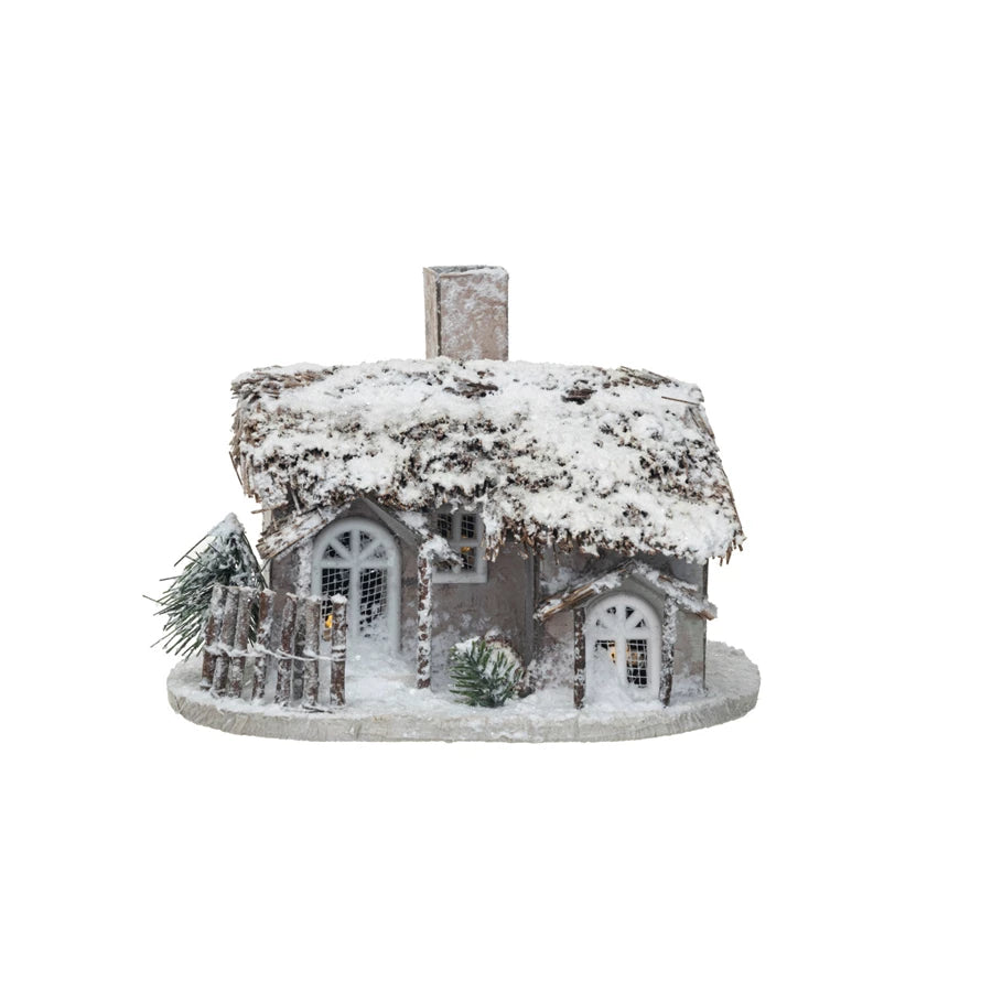 Twig & Paper Cabin w/ Faux Snow & LED Light