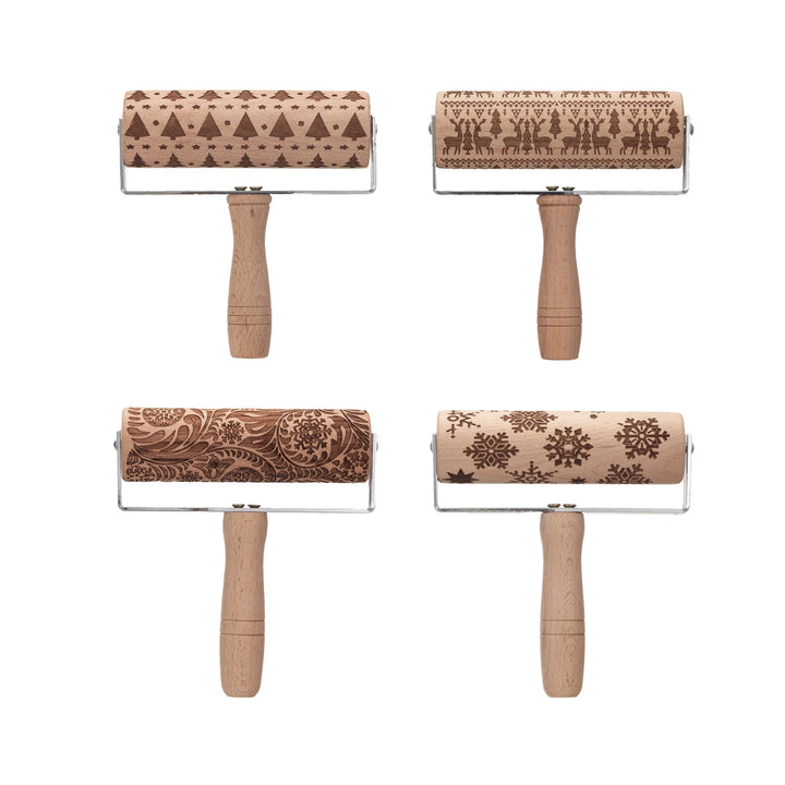 Beech Wood Rolling Pin w/ Handle & Laser Cut Holiday Pattern